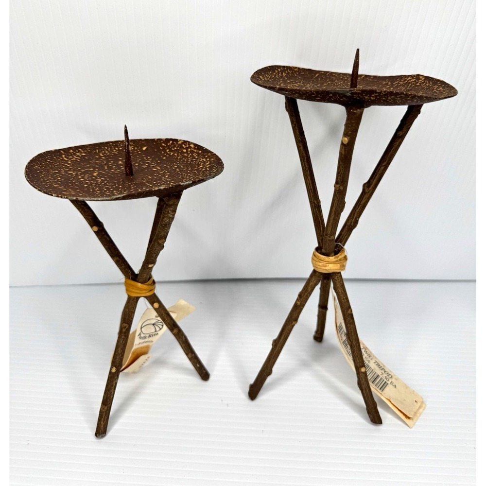 Pacific Rim Metal Twig Tripod Candle Holders Set 8" & 10" Rustic Branch Spike